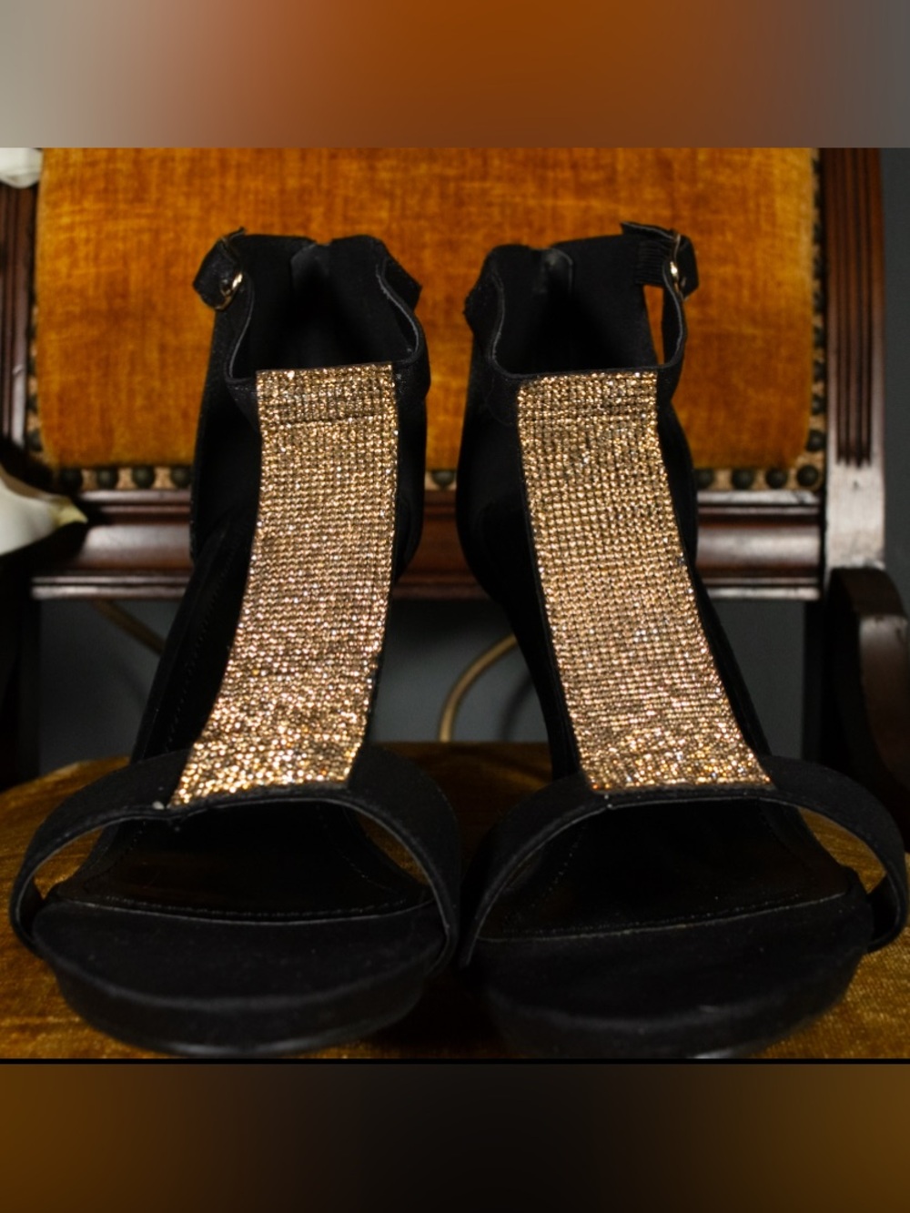SIZE 12 Black & Gold Rhinestone T-Strap Heeled